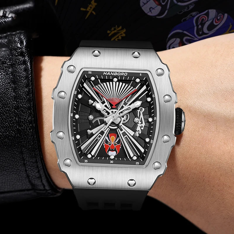HANBORO Men Automatic Watch 50.5*43mm Luxury Mechanical Wristwatch Luminous Tonneau 6 Facial makeup, changing every 4 hours