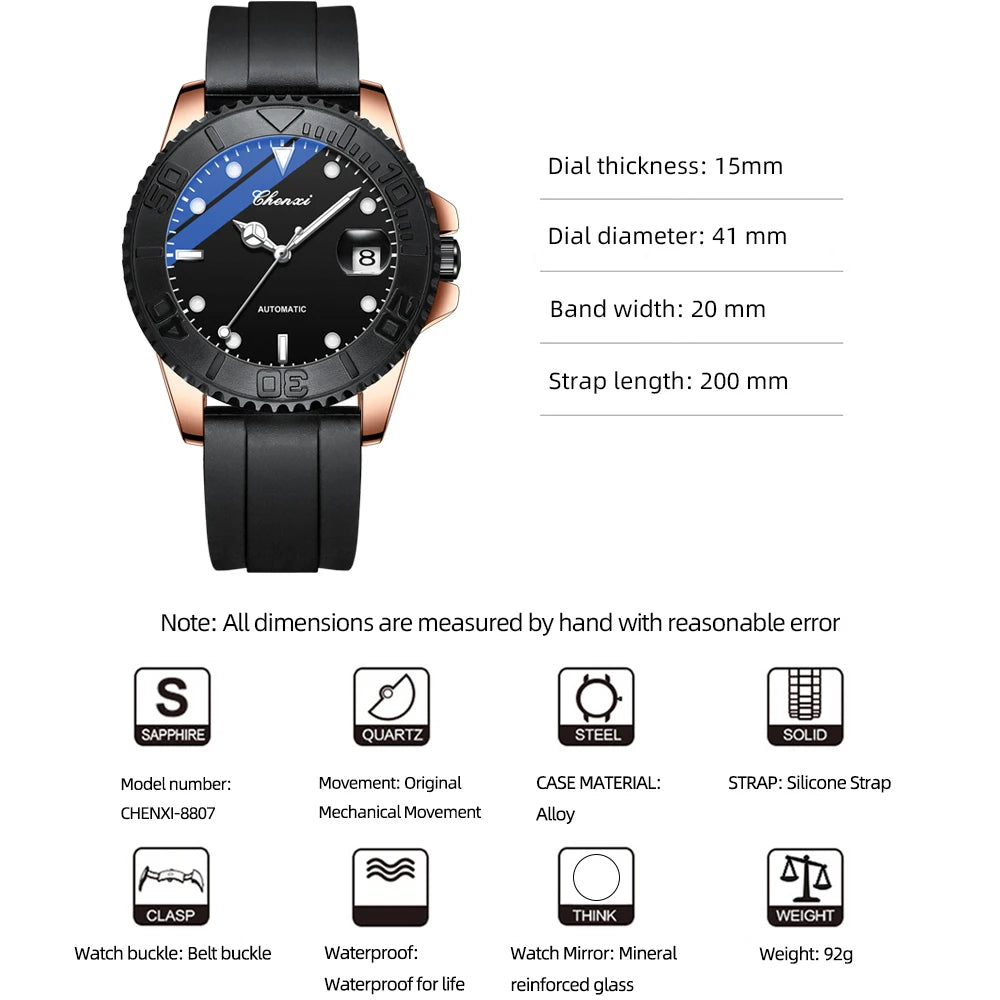 Chenxi Top Brand Automatic Mechanical Mens Watch Luxury Leather Waterproof Quartz Tourbillon Wristwatch Men Luminous Date Clock