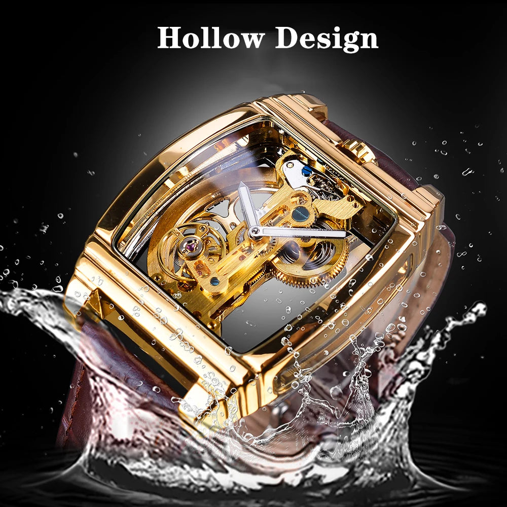 SHENHUA Transparent Royal Luxury Waterproof Automatic Mechanical Watch Leather Band Skeleton Tourbillion Gold Luminous Clock