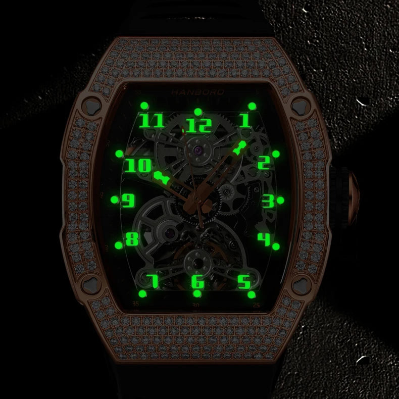 HANBORO Men Automatic Watch 50mm Luxury Mechanical Wristwatch Luminous Skeleton Tonneau Waterproof Rubber Strap Crystal Bezel