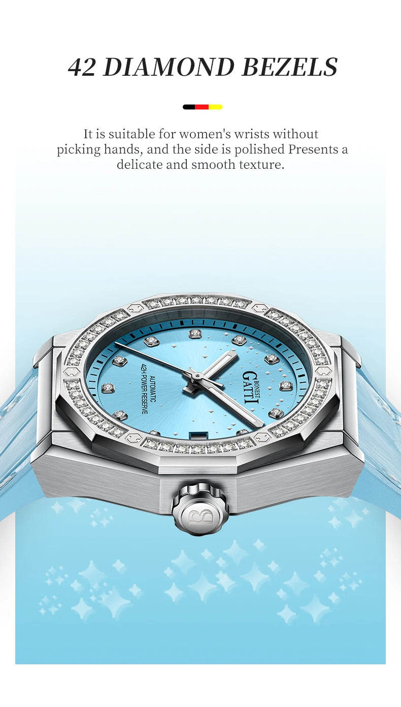 BONEST GATTI Women Automatic Watch Luxury Ladies Watches Mechanical Wristwatch Sapphire Leather Strap Austria Crystal Bezel