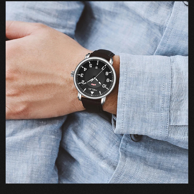HELEI Fashion new sports casual quartz watch date genuine leather strap men's wristwatch
