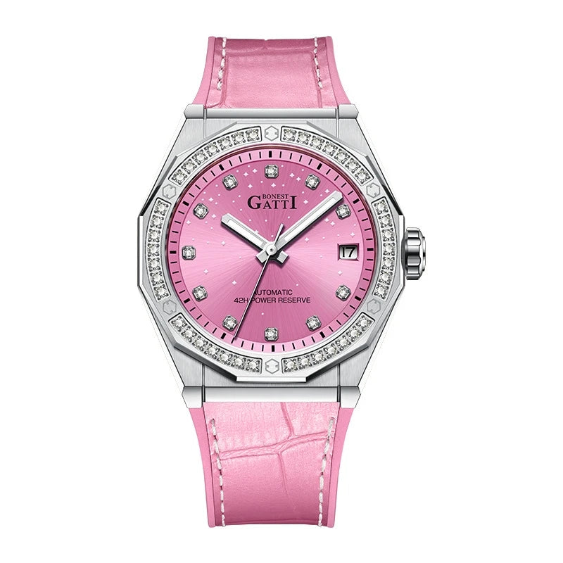 BONEST GATTI Women Automatic Watch Luxury Ladies Watches Mechanical Wristwatch Sapphire Leather Strap Austria Crystal Bezel