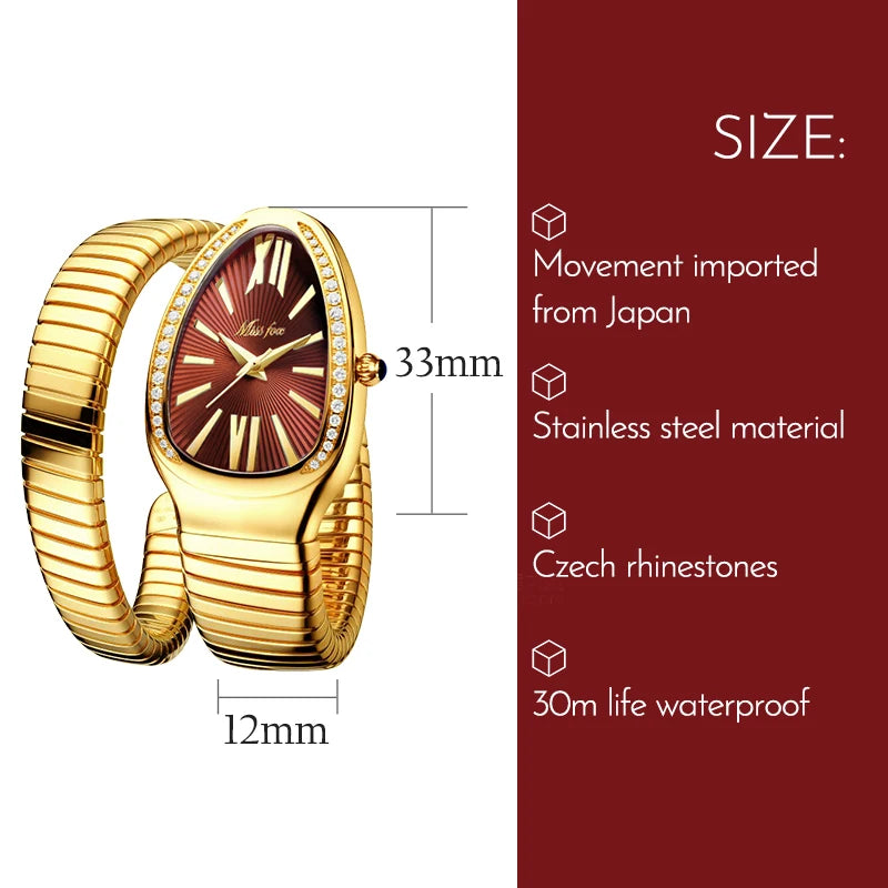 MISSFOX Women's Watches Snake Shape Luxury Wrist Watch For Women Steel Unique Gold Quartz Ladies Watch Clock Relogio Feminino