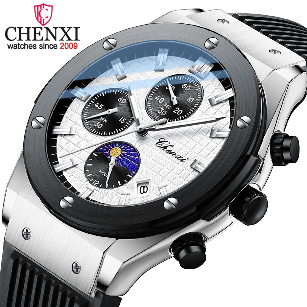 CHENXI Luxury Mens Watches Sports Calendar Moon Phase Quartz Wristwatch Men Chronograph Waterproof Silicone Strap Clock