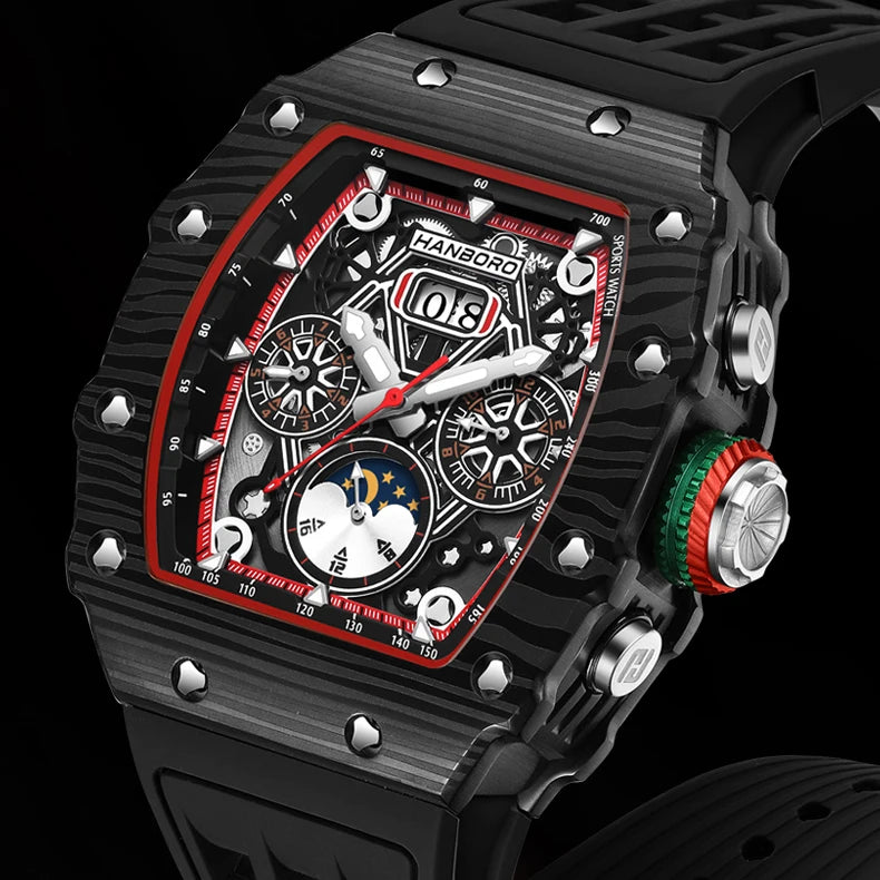 HANBORO Men Automatic Watch Luxury Mechanical Wristwatch Luminous Tonneau Case Waterproof Rubber Strap Multi-Functions Dial