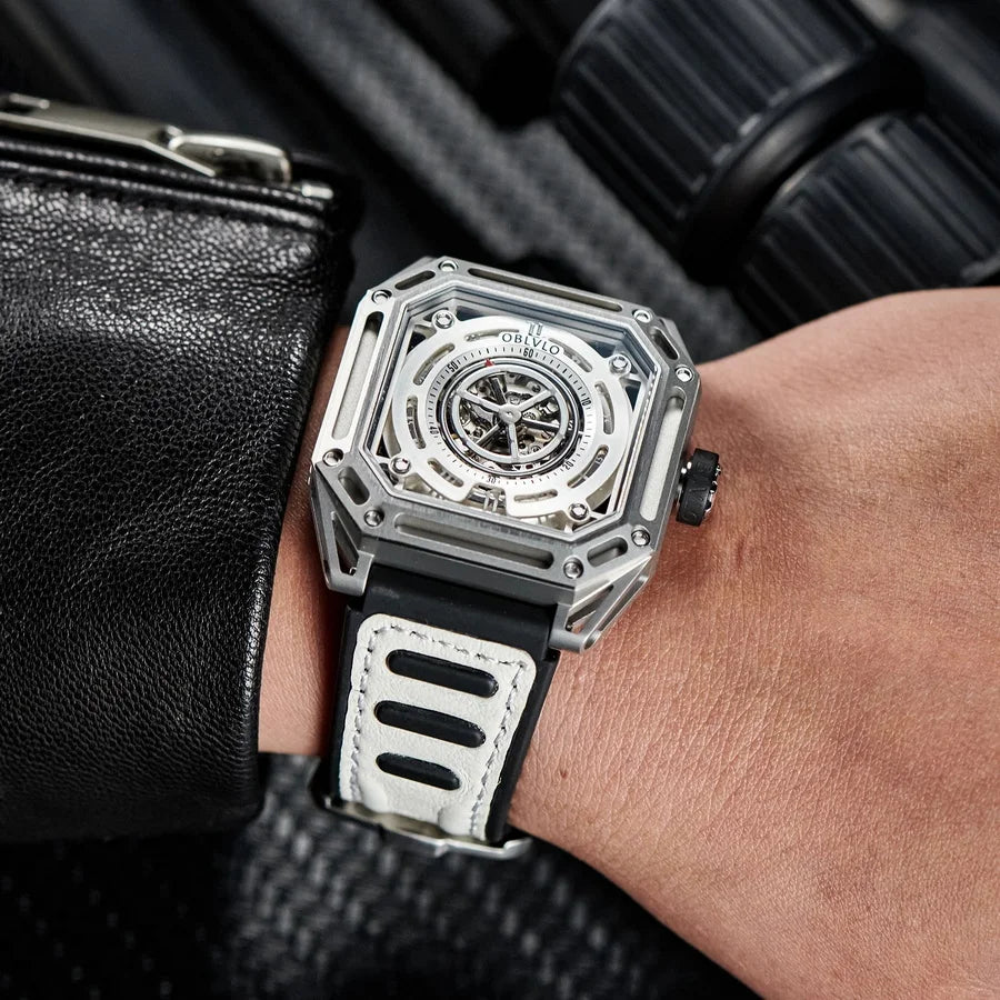 OBLVLO Mens Automatic Watches Luxury Watch Mechanical Wristwatch Fashion Square Skeleton Dial Sapphire 50M Waterproof Military