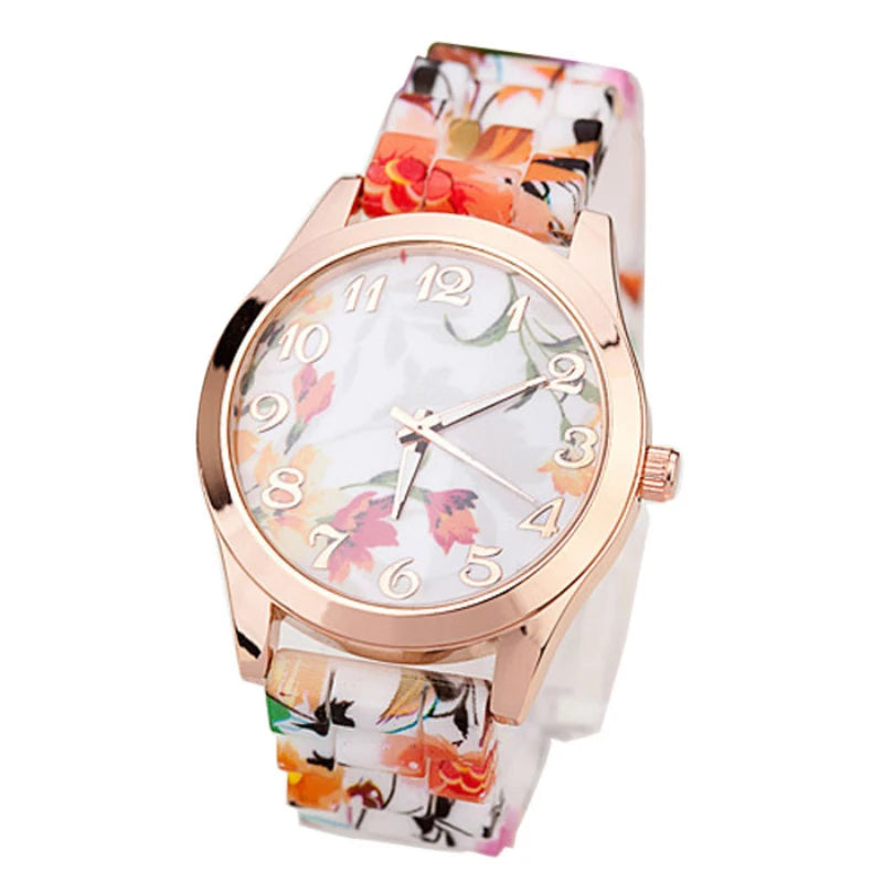 WristWatches Silicone Girl Flower Causal Watch Quartz Printed Women OR Women's Leather Watch Straps Light Up Watches for Women