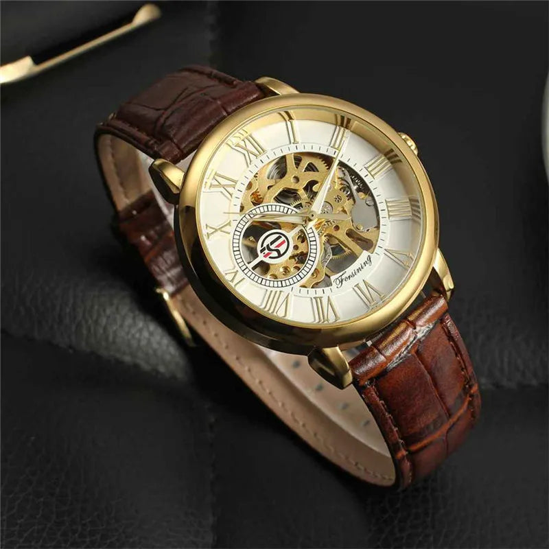 Forsining Transparent Case Fashion Roman Numerial Analog Display Skeleton Hollow Engraving Gold Bezel Mechanical Watches Winner
