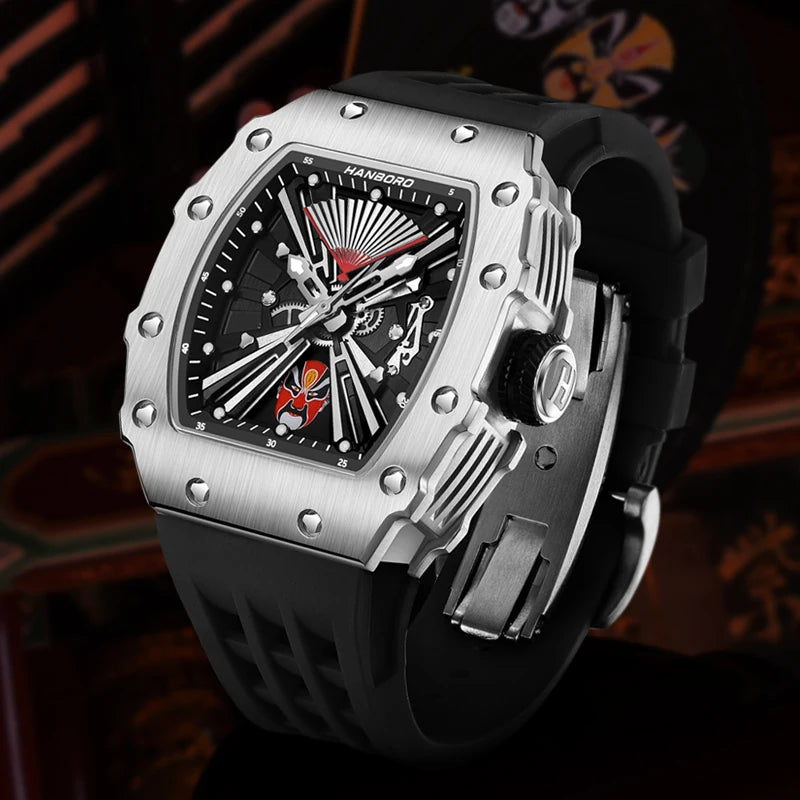 HANBORO Men Automatic Watch 50.5*43mm Luxury Mechanical Wristwatch Luminous Tonneau 6 Facial makeup, changing every 4 hours