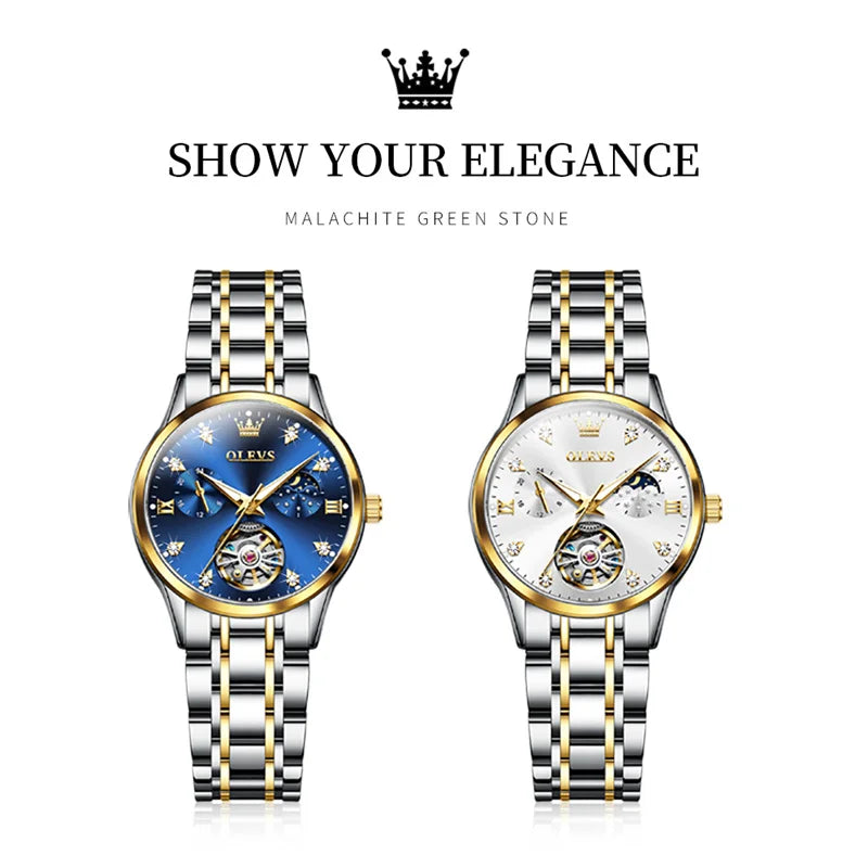 OLEVS Fashion Moon Phase Tourbillon Women Watch Luxury Brand Stainless Steel Automatic Mechanical Watch Waterproof Reloj Mujer