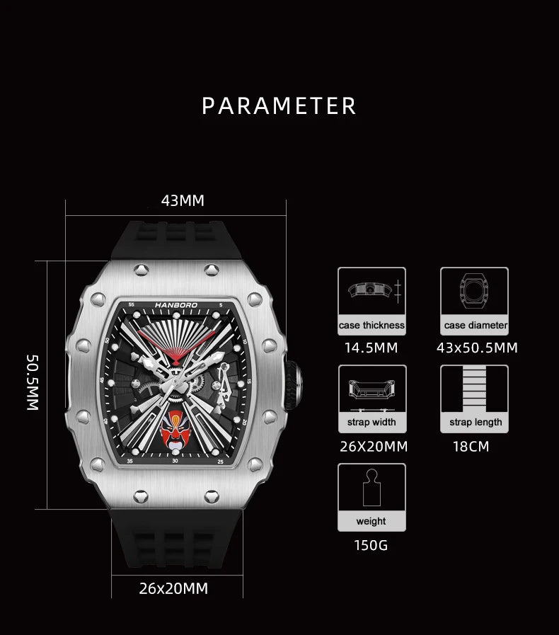 HANBORO Men Automatic Watch 50.5*43mm Luxury Mechanical Wristwatch Luminous Tonneau 6 Facial makeup, changing every 4 hours
