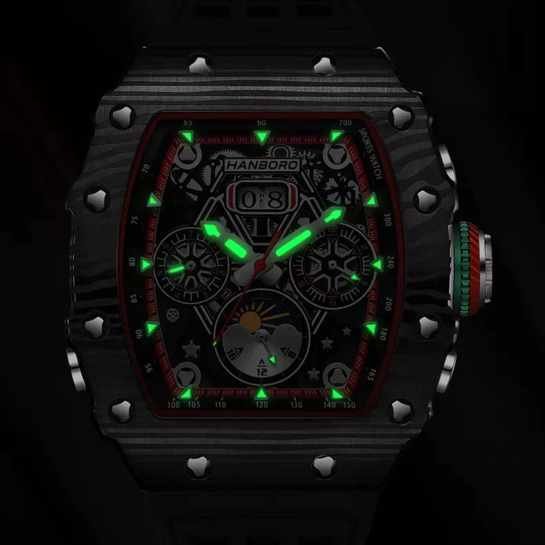 HANBORO Men Automatic Watch Luxury Mechanical Wristwatch Luminous Tonneau Case Waterproof Rubber Strap Multi-Functions Dial