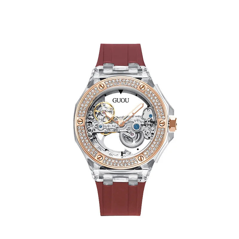 2023 Fashion GUOU Top Brand Simple Women's Waterproof Women's Watch Water Diamond Silicone Tape Trend automatic Mechanical Watch