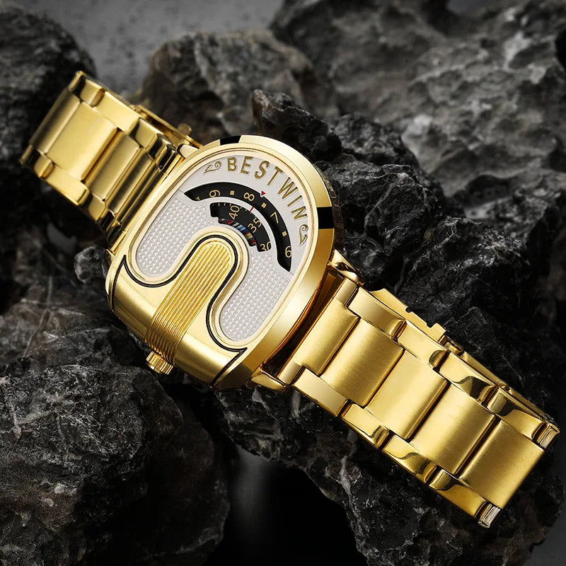 Luxury Gold Men Watches Sports Unique Design Quartz Gold Men's Wrist Watches Steel Waterproof Watches for Mens Relogio Masculino