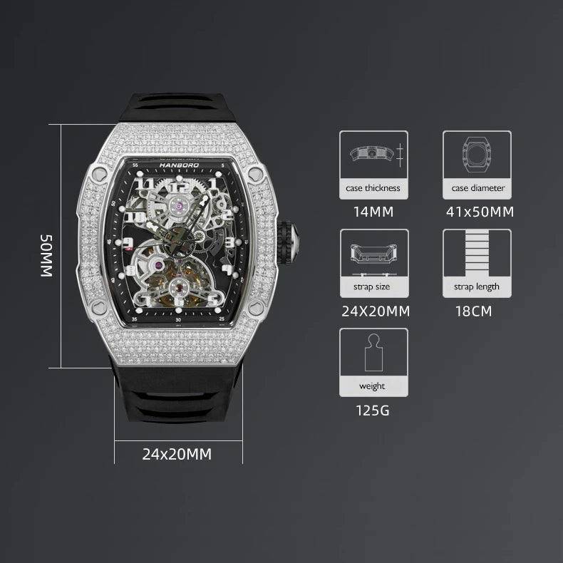 HANBORO Men Automatic Watch 50mm Luxury Mechanical Wristwatch Luminous Skeleton Tonneau Waterproof Rubber Strap Crystal Bezel