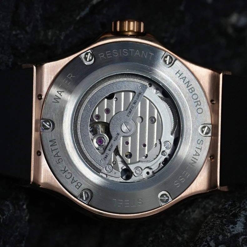 HANBORO Men Luxury Watch 43mm Automatic Watches Fashion Mechanical Wristwatch Waterproof Luminous Rubber Strap Hollow out Dial