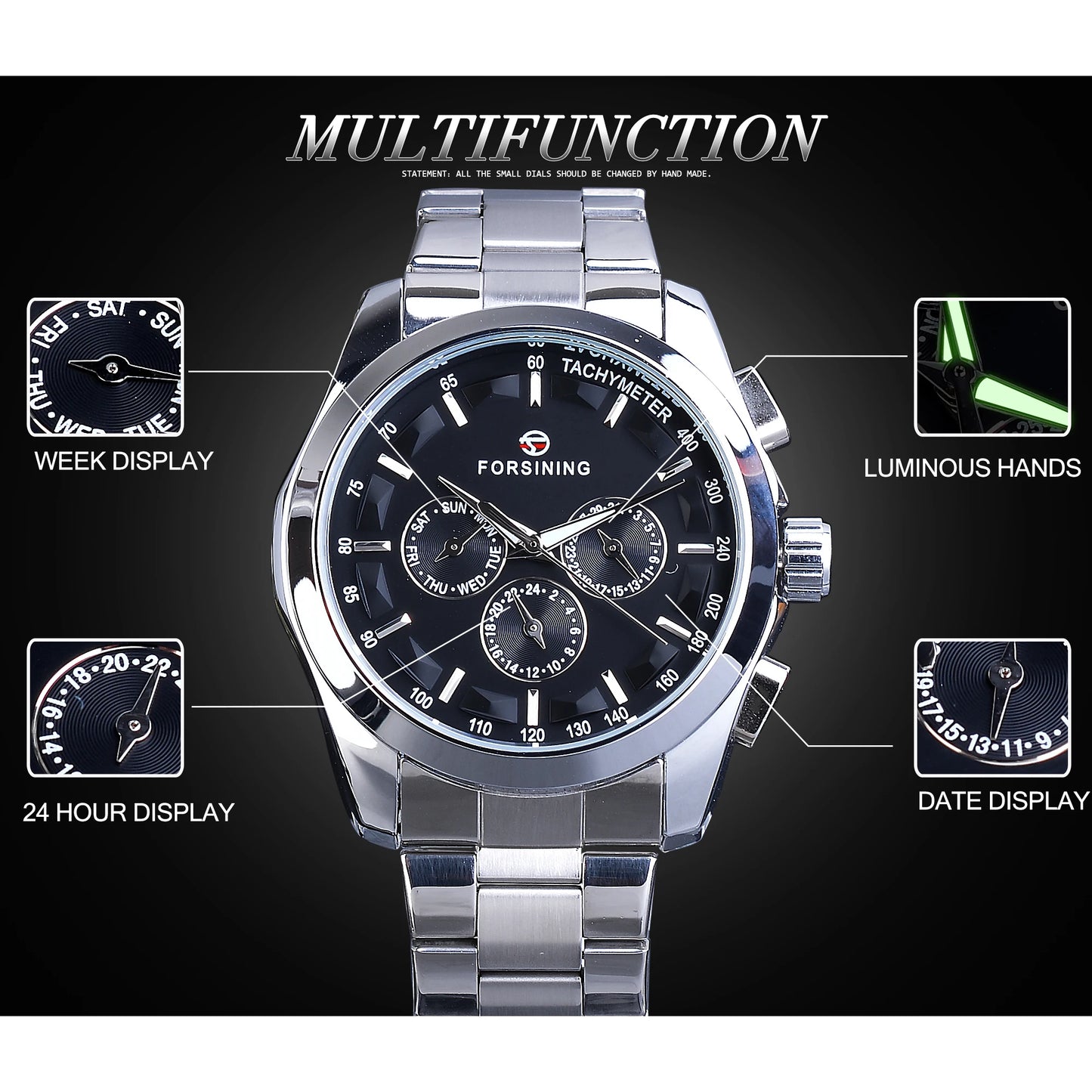 Forsining Top Brand Style Automatic Full Stainless SteelWatch Men Mechanical Business Wristwatch With Calendar Luminou Pointers