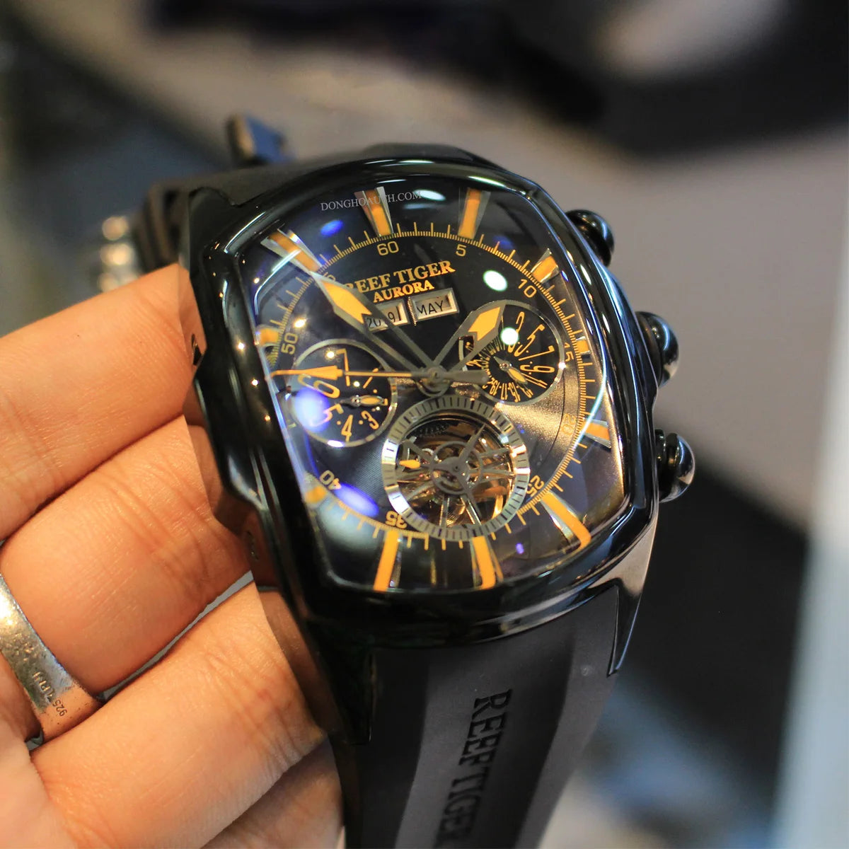 Reef Tiger/RT Designer Men Sport Watches Tourbillon Blue Dial Analog Display Rubber Strap Luminous Clock RGA3069