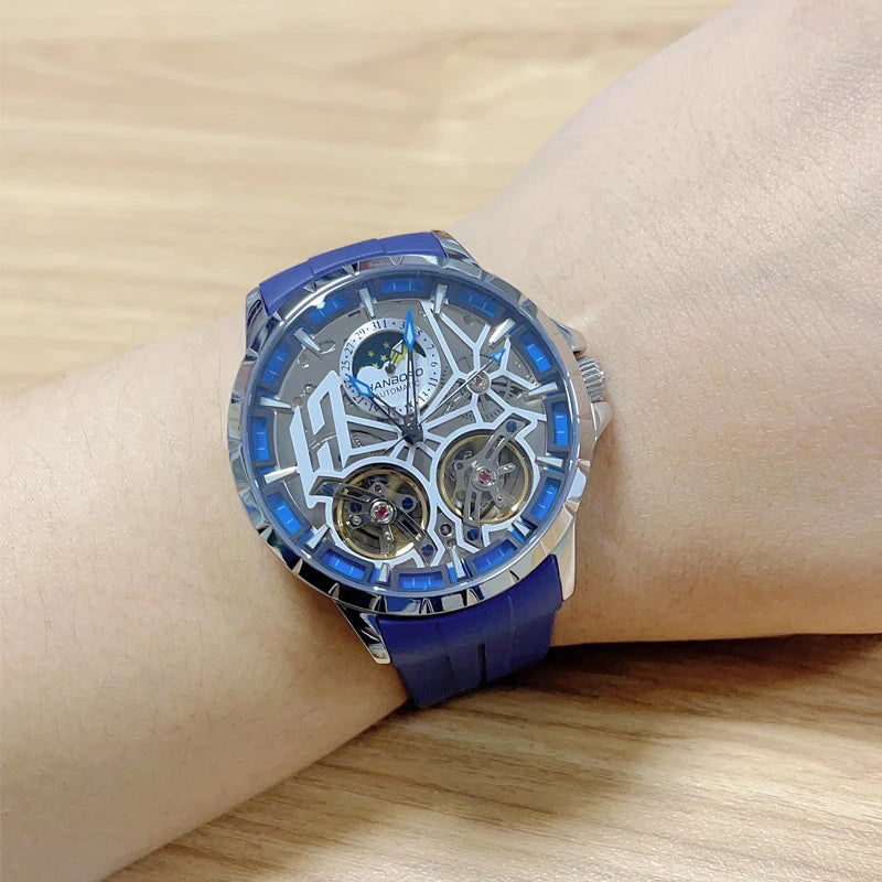 HANBORO Men Luxury Watch Mens Automatic Watches 50m Waterproof Luminous Mechanical Wristwatch Skeleton Dual Wheel Fly