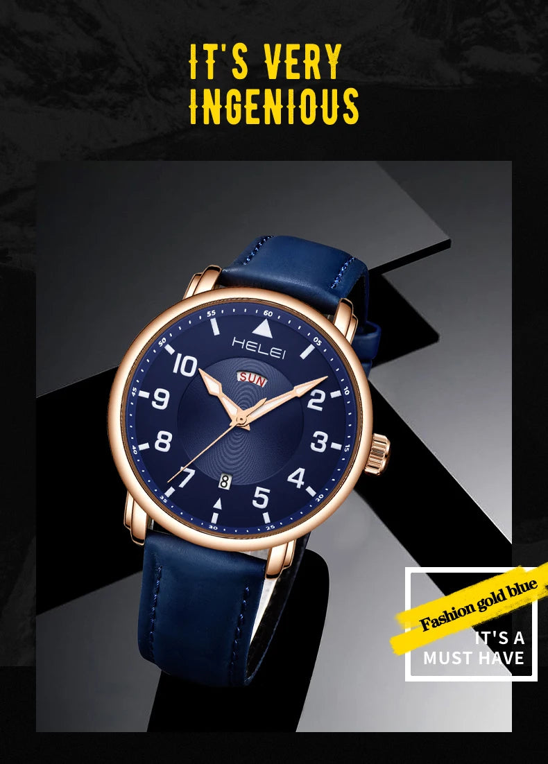 HELEI Fashion new sports casual quartz watch date genuine leather strap men's wristwatch