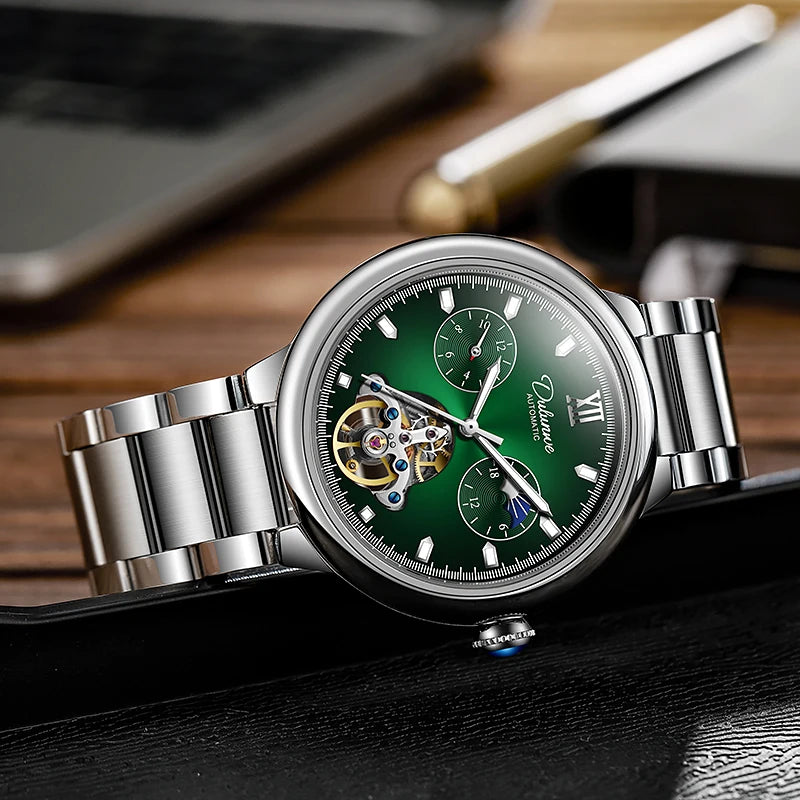 BOLYTE New Fashin Men's Automatic Watch Skeleton Starry Sky Moon Phase Luminous Waterproof Stainless Steel Mechanical Wristwatch
