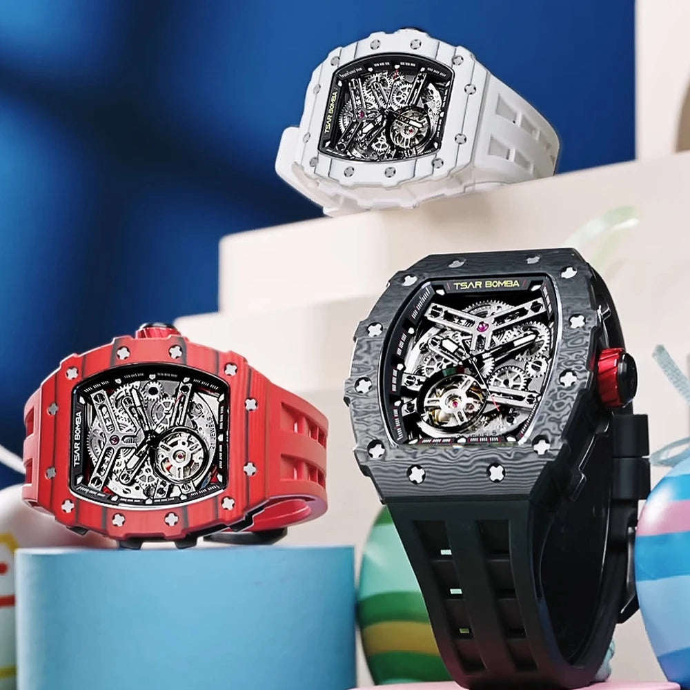 TSAR BOMBA Carbon Fiber Mechanical Watch for Men Waterproof Skeleton Mens Watches Top Brand Luxury Automatic Wristwatches