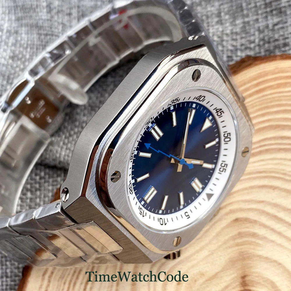 Tandorio Automatic Men‘s Watch 42mm NH35 Movement Square Case Sapphire Glass Blue Dial Rotating Chapter Ring Screw Down Crown