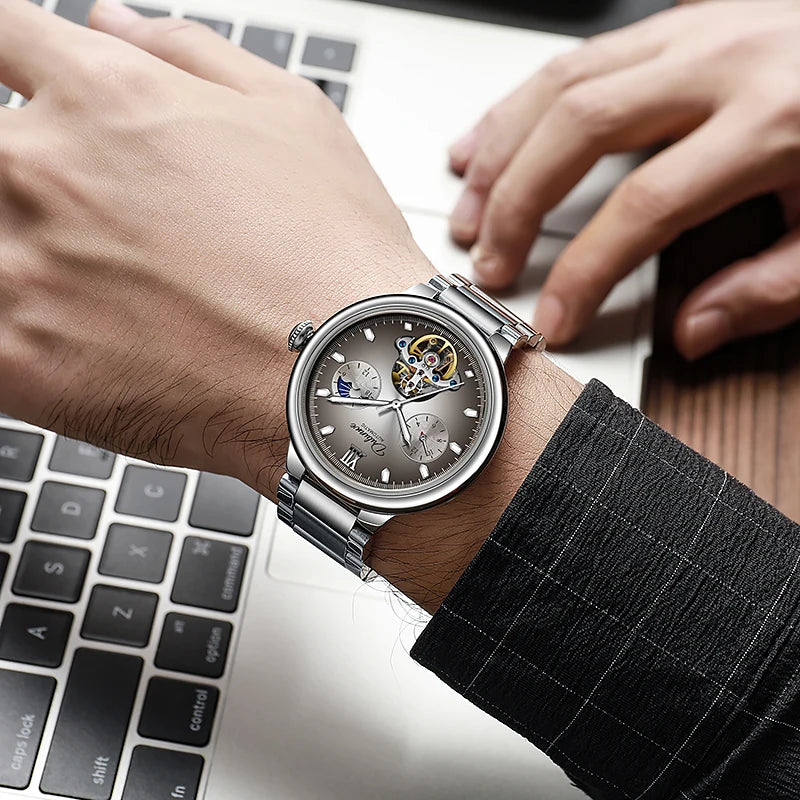BOLYTE New Fashin Men's Automatic Watch Skeleton Starry Sky Moon Phase Luminous Waterproof Stainless Steel Mechanical Wristwatch