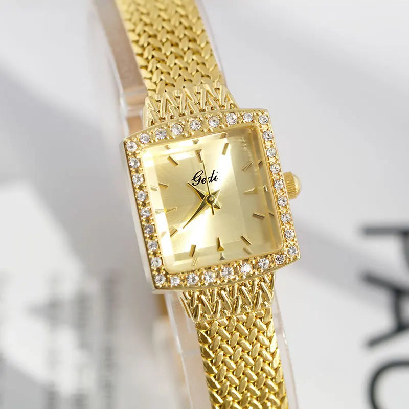 Fashion Gedi Top Band New Women's Small Square Waterproof Quartz Temperament Water Exquisite Diamond Mesh Chain Gold Gift Watch