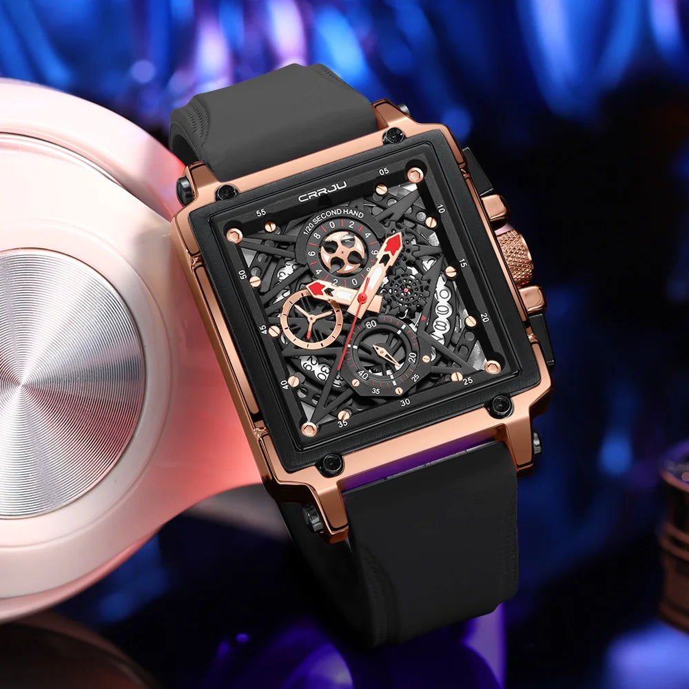 CRRJU Fashion Sports Watches with Large Dial Unique RectangularHollow Design Quartz Wristwatches with Chrongraph Auto Date