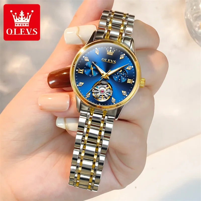 OLEVS Fashion Moon Phase Tourbillon Women Watch Luxury Brand Stainless Steel Automatic Mechanical Watch Waterproof Reloj Mujer