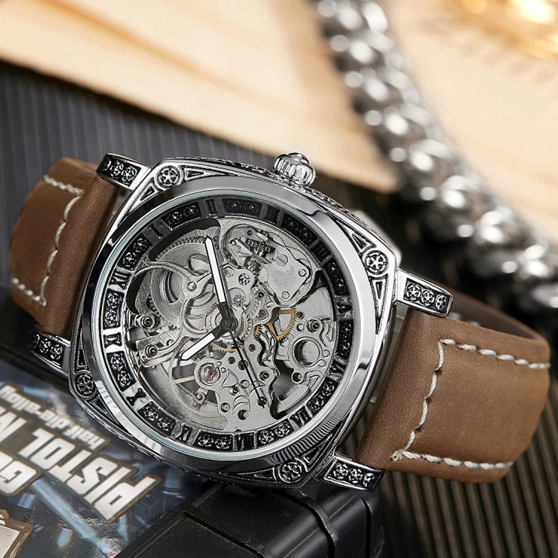 Luxury Automatic Mechanical Watch for Men Hollow Steampunk Dial Skeleton Watches Male Orologio Clock Hombre Relogio Masculino