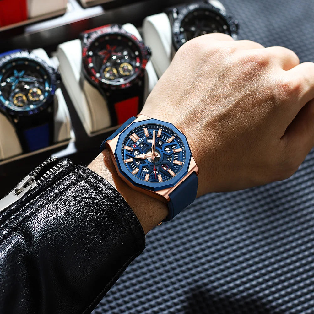 CURREN Fashion Creative Design Watches Men Quartz Silicone Strap Date Wristwatches for Male Clock with Luminous Hands