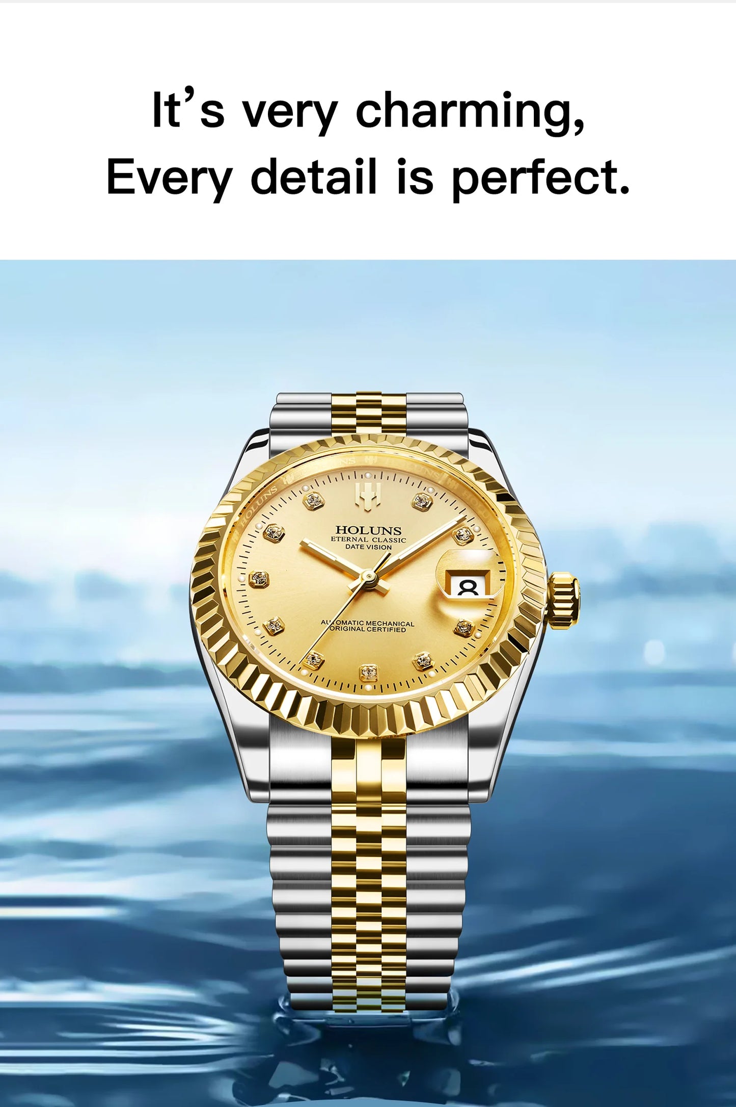 Holuns 2024 New Luxury Stainless Steel Automatic Watch For Men Gold Classic Role Mechanical Wristwatches Sapphire Waterproof