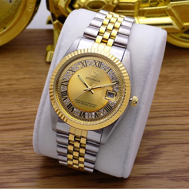 Fashion Top Brand Reginald Brand Quality Full Stainless Steel Golden Calendar Business Mens watch