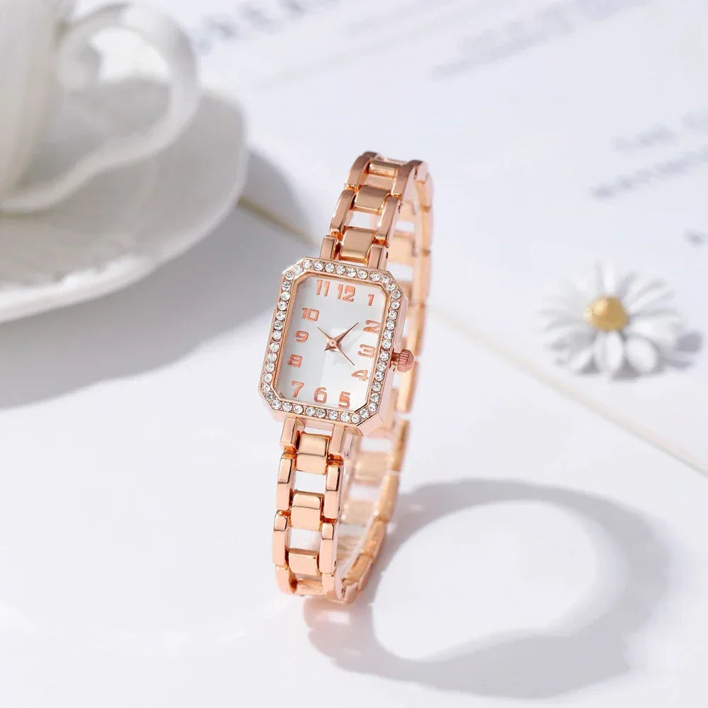 2024 New Luxury Watch for Women Simple Square Full Diamond Digital Quartz Watche Gold Stainless Steel Bracelet Dress Clock Reloj