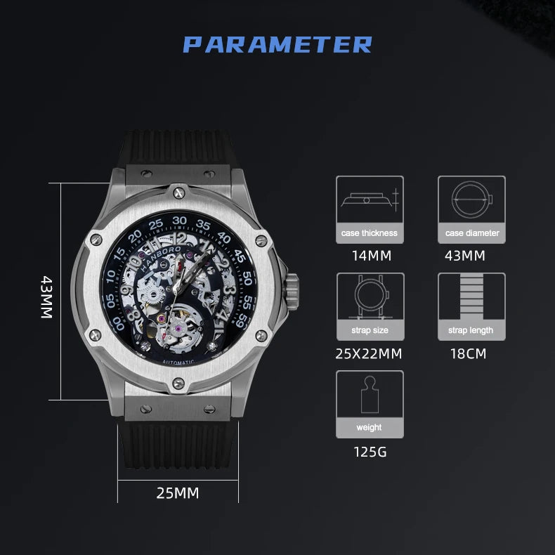 HANBORO Men Luxury Watch 43mm Automatic Watches Fashion Mechanical Wristwatch Waterproof Luminous Rubber Strap Hollow out Dial