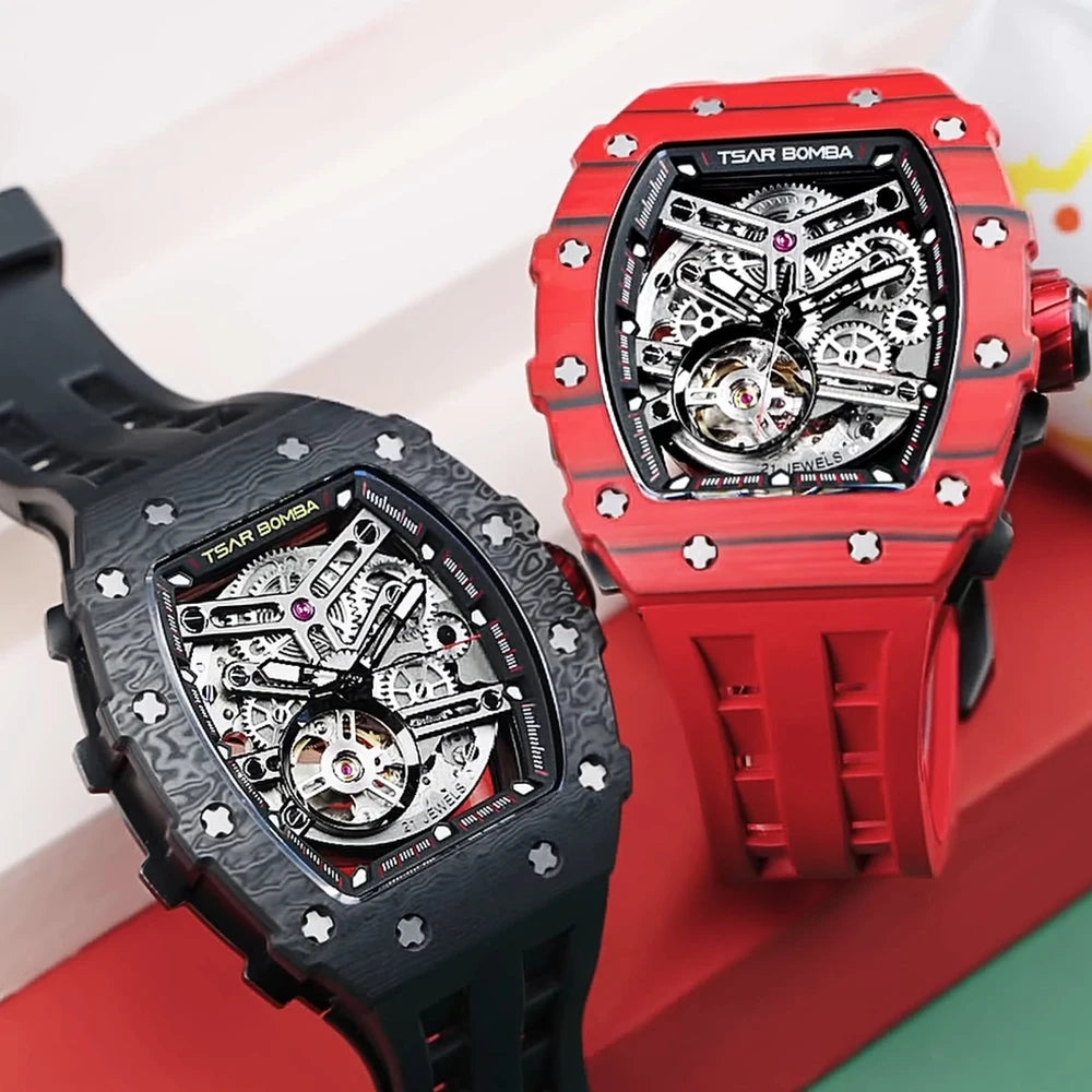 TSAR BOMBA Carbon Fiber Mechanical Watch for Men Waterproof Skeleton Mens Watches Top Brand Luxury Automatic Wristwatches