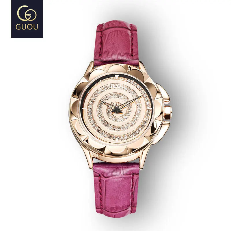 Fashion Guou Women's Rotating Dial Luxury Diamonds Rhinestone Starry Clock Rose Gold Ladies Genuine Leather & Full Steel Watches