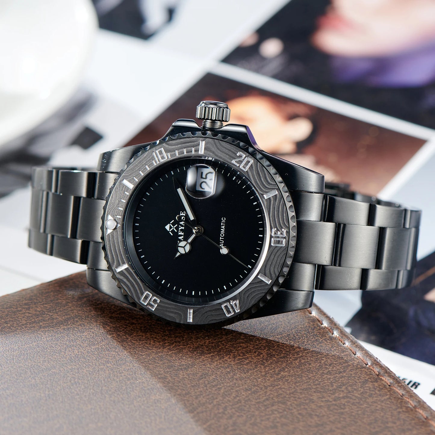 Kafyase Luxury Carbon Fibre Bezel Black PVD Automatic Men Watches Sapphire Glass Luminous Waterproof Mechanical WristWatch Rejos