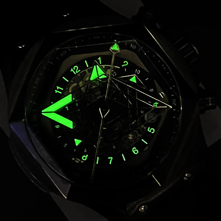 HANBORO Mens Luxury Watches Men Automatic Watch Luxury Mechanical Wristwatch Luminous Skeleton Silicone Strap Hexagonal Bezel
