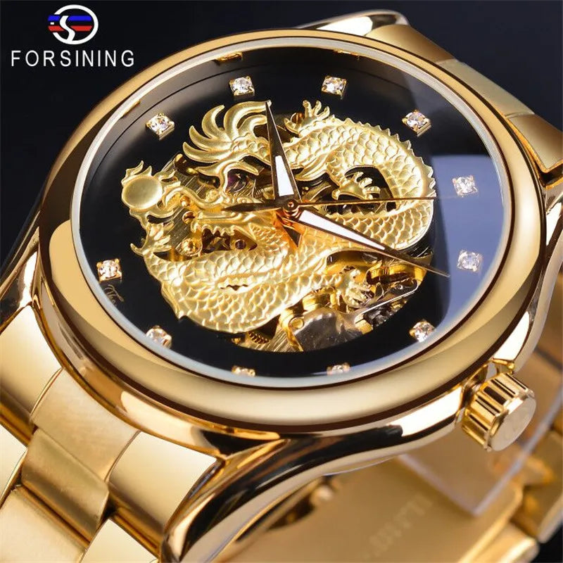 Fashion Forsinining Top Brand Men's Casual Steel Dragon Personality Design Hollow Waterproof Automatic Mechanical Wrist Watches
