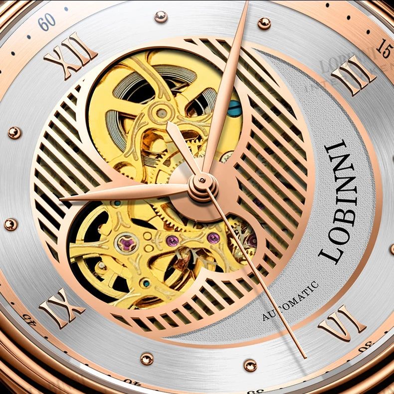LOBINNI Mens Automatic Watches Luxury Watch For Men Mechanical Wristwatch Waterproof Skeleton Sapphire Leather Strap Fashion