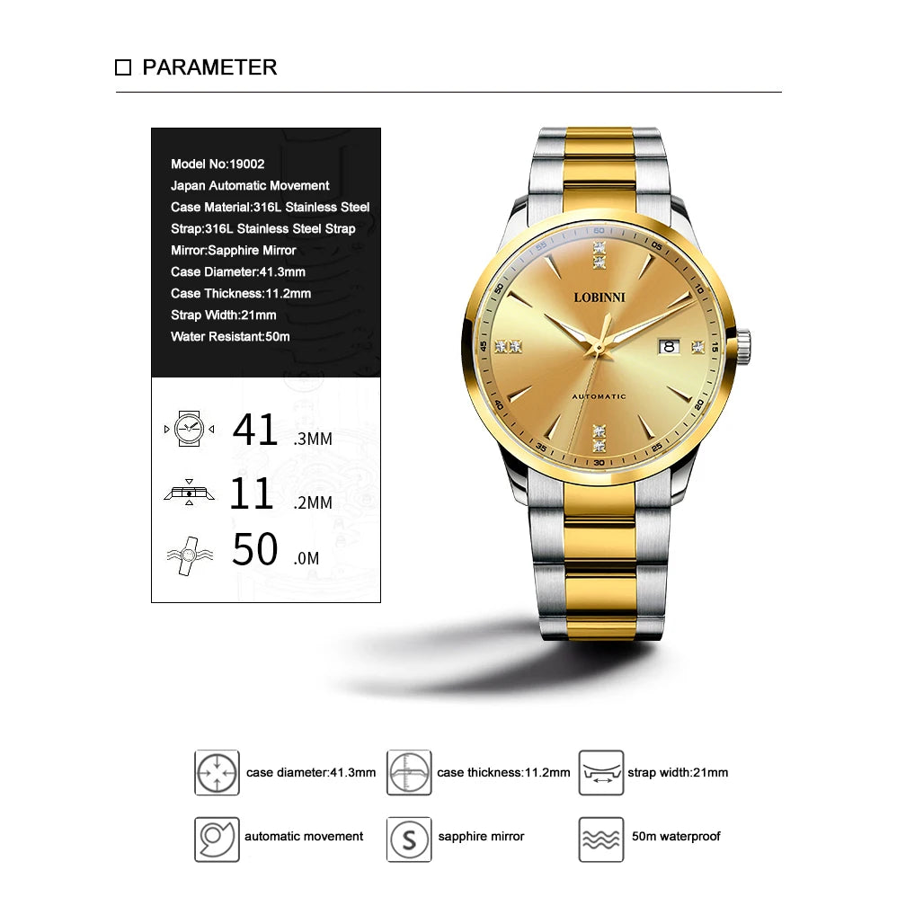 LOBINNI Men Automatic Watch 41.3MM Luxury Gold Mechanical Wristwatch Sapphire Luminous Date