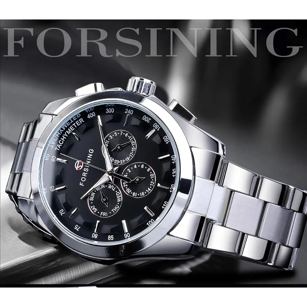 Forsining Top Brand Style Automatic Full Stainless SteelWatch Men Mechanical Business Wristwatch With Calendar Luminou Pointers