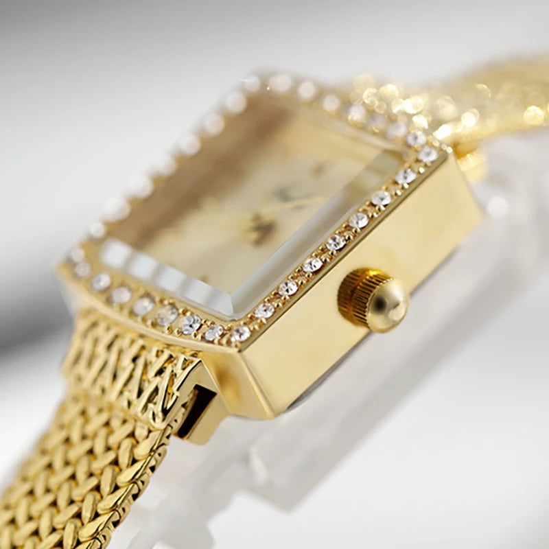Fashion Gedi Top Band New Women's Small Square Waterproof Quartz Temperament Water Exquisite Diamond Mesh Chain Gold Gift Watch