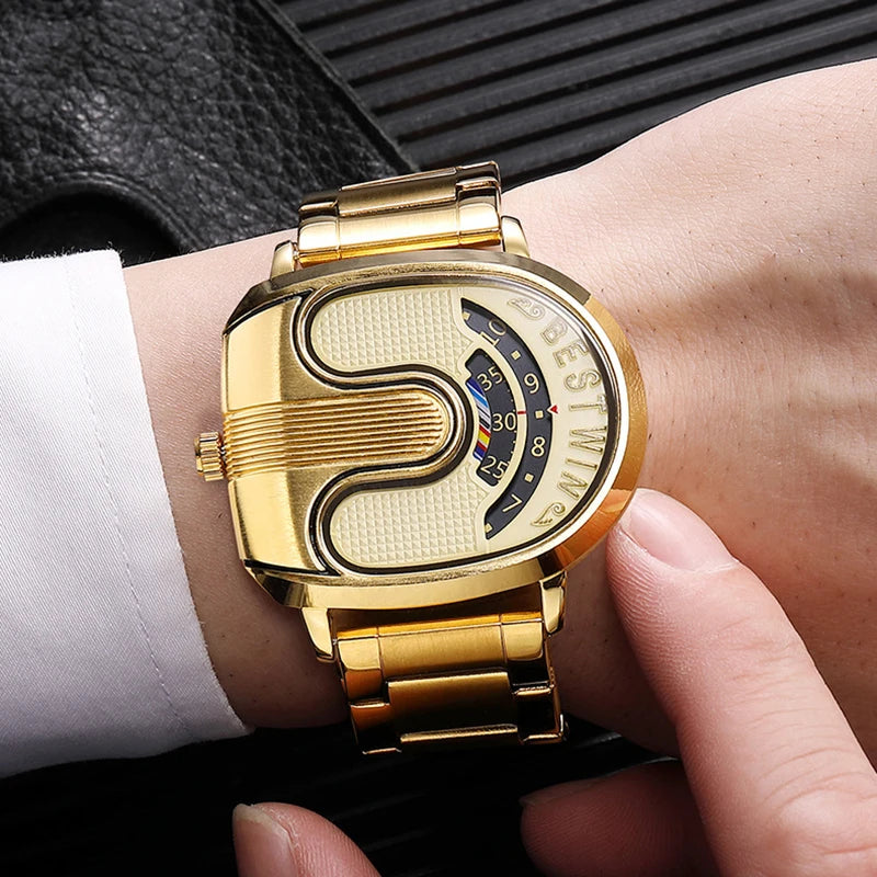 Luxury Gold Men Watches Sports Unique Design Quartz Gold Men's Wrist Watches Steel Waterproof Watches for Mens Relogio Masculino