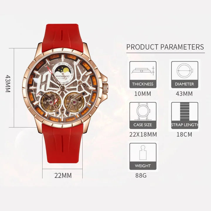 HANBORO Men Luxury Watch Mens Automatic Watches 50m Waterproof Luminous Mechanical Wristwatch Skeleton Dual Wheel Fly