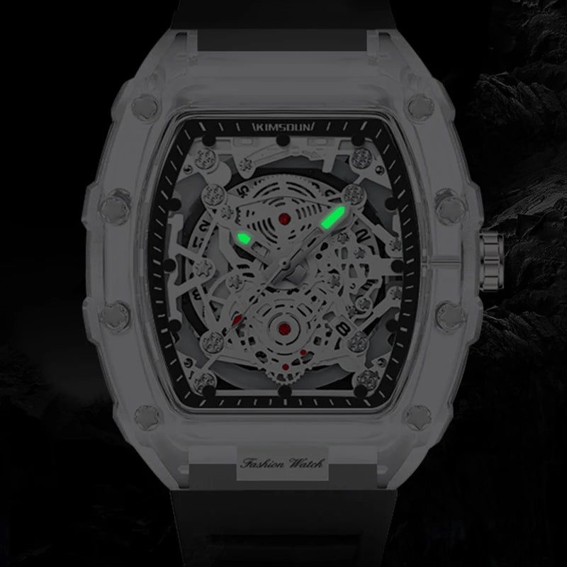 YIKAZE Men's Watches Classic Barrel Quartz Watch for men Transparent Hollow Case Waterproof Calendar Fashion Wristwatch Clock